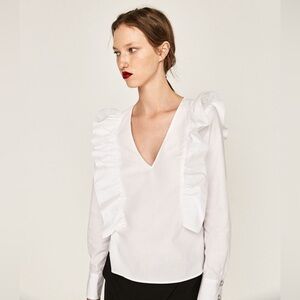 ZARA V neck frilled ruffle long sleeve top blouse Small white